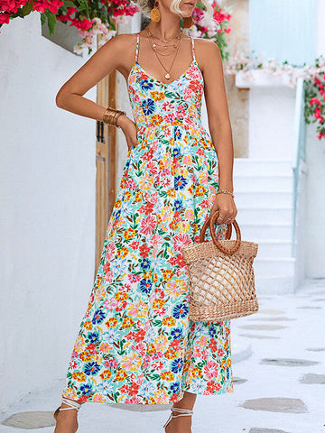 Woochic robe longue imprimé à fleurie strappy dos nu fendu le côté bohème de plage Blanche S